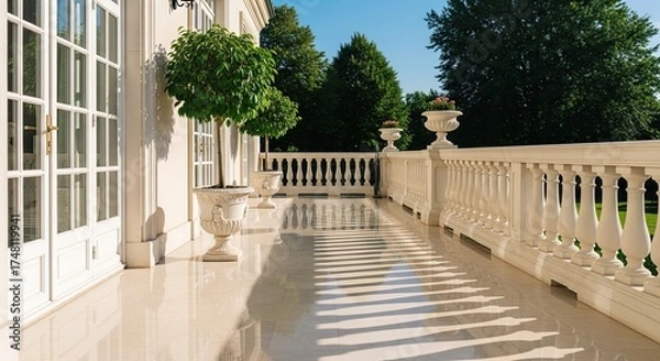 Obraz Elegant Balcony with White Marble Floor and Ornate Railings
