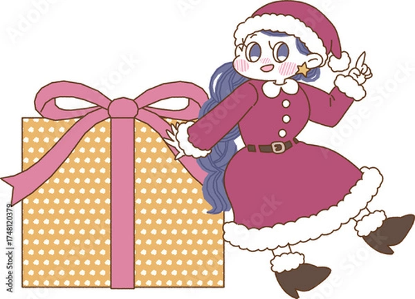 Obraz サンタクロースのコスチュームを着た女の子と大きなプレゼントのイラスト