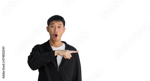 Obraz Shocked face young Asian man in black coat pointing thumbs up isolated on a white background. The person's index finger pointing to a blank space for text