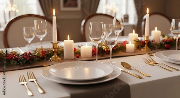 Fototapeta Elegant Table Setting with Candles and Garland in Warm Ambient Light