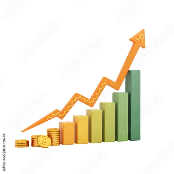 Fototapeta 3D Bar Graph and Arrow Showing Upward Financial Growth with Gold Coins upward trend
