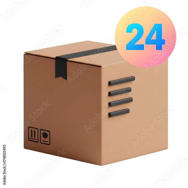 Fototapeta 3D cartoon cardboard box with black ribbon and circular number 24 badge on black background package