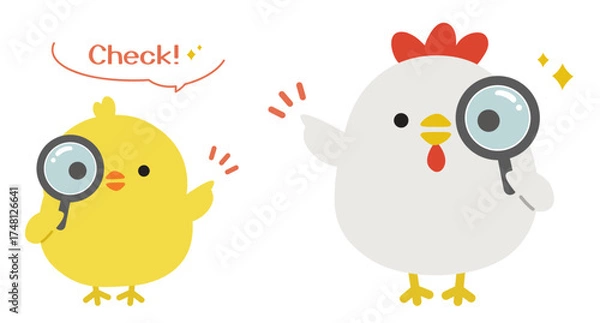 Fototapeta 虫眼鏡を持っているニワトリとヒヨコ