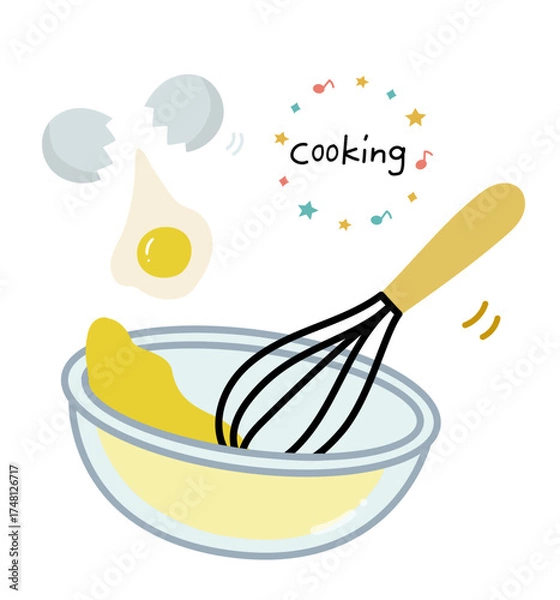 Fototapeta ボウルに卵を割って泡立て器でかき混ぜる