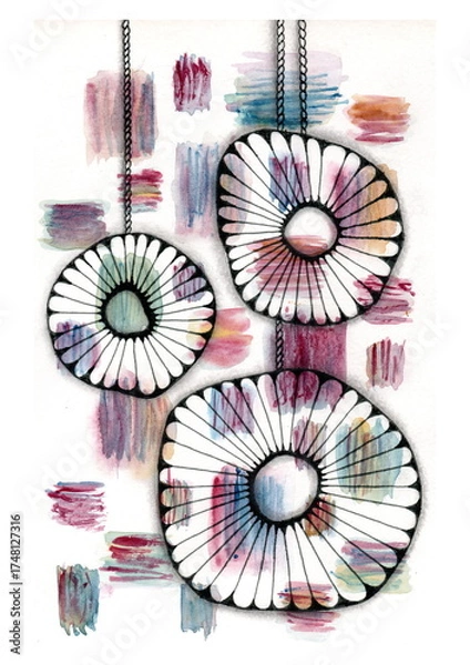 Fototapeta The painting depicts three abstract hanging circles, reminiscent of decorative elements or modern jewelry. Each is composed of thin radial lines converging toward the center. 