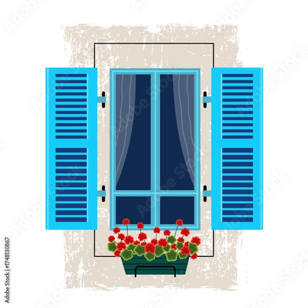 Fototapeta Mediterranean house window with shutters and balcony flowers is drawn in flat style and highlighted on  white background. traditional Greek window, detail of  traditional Greek house. stock vector