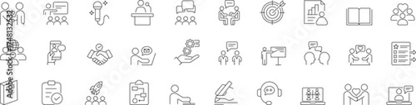 Fototapeta  Training icon set with editable line style, featuring coaching, workshop, education, seminar, advice, support, learning, webinar, skills, and business elements. Modern thin linear vector illustration