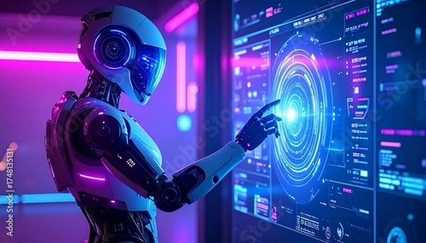 Fototapeta Futuristic robot interacting with advanced digital interface in vibrant modern laboratory