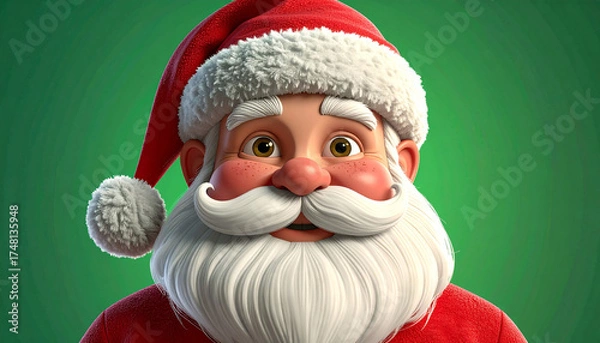Fototapeta Santa with red hat and fluffy white beard and mustache on green background, 3d illustration