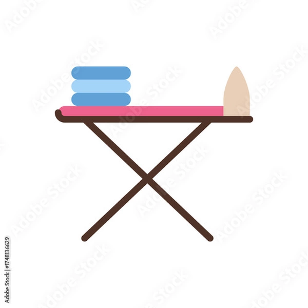 Fototapeta Laundry Day Flat Lay Icon With Stacked Blue Towels And A Pink Ironing Board And A Beige Iron Against A White Transparent Background