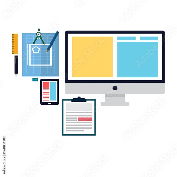 Fototapeta Digital Design Tools And Computer Screen Displaying Web Layouts With Blueprint And Drafting Tools On Transparent Background