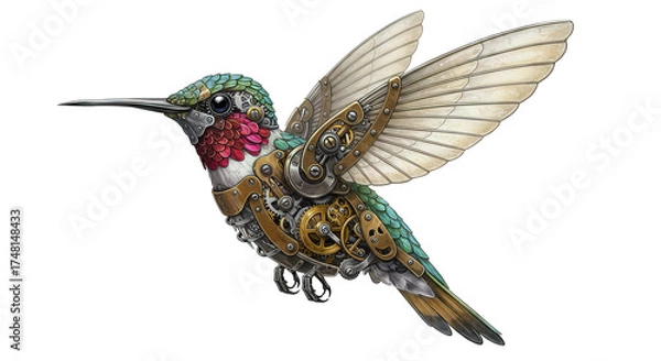 Obraz A steampunk hummingbird with gears and metal components shown , transparent png
