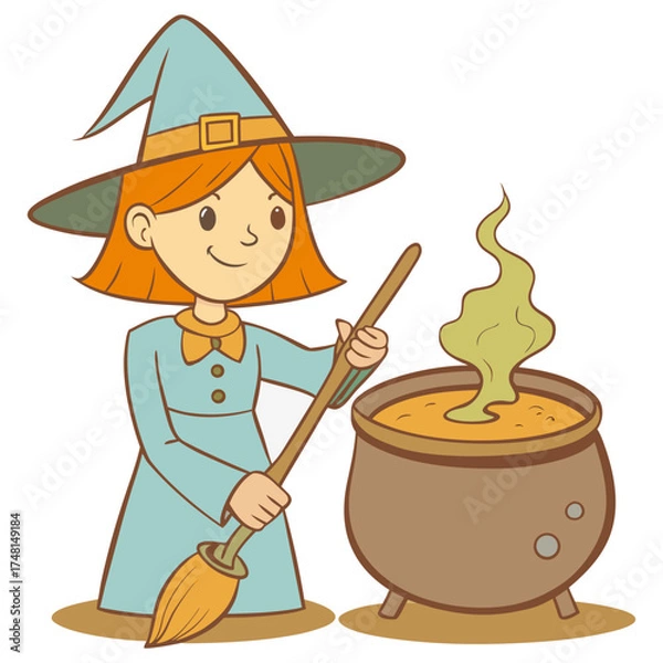 Fototapeta Retro cartoon witch stirring magic potion, vintage Halloween illustration in comic style with bold lines, simple color palette, and expressive character design
