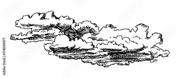 Fototapeta Set of clouds in hand drawn vintage retro style isolated on white background. Cartoon design elements. Vector illustration.	