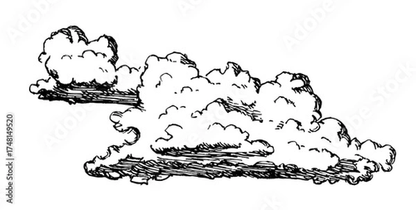 Fototapeta Set of clouds in hand drawn vintage retro style isolated on white background. Cartoon design elements. Vector illustration.	