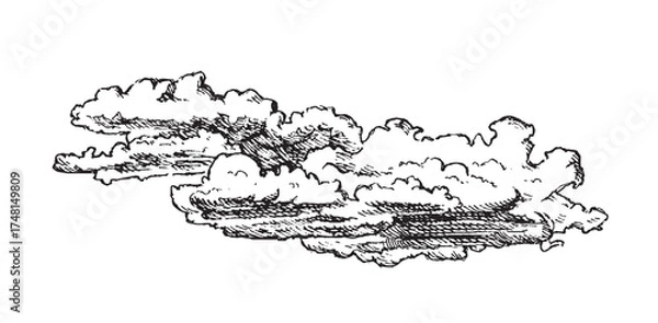 Fototapeta Set of clouds in hand drawn vintage retro style isolated on white background. Cartoon design elements. Vector illustration.	