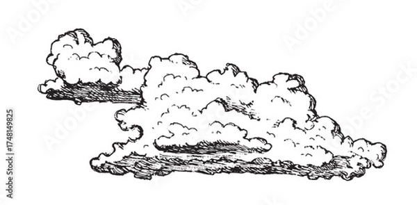 Fototapeta Set of clouds in hand drawn vintage retro style isolated on white background. Cartoon design elements. Vector illustration.	