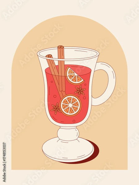 Fototapeta Vector illustration of mulled wine in glass with orange slices, cinnamon sticks and star anise. Cozy warm winter drink for Christmas and holiday design.