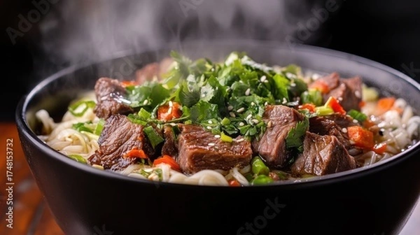 Fototapeta Savory Steaming Beef Noodle Soup with Tender Beef, Cilantro, and Sesame Seeds