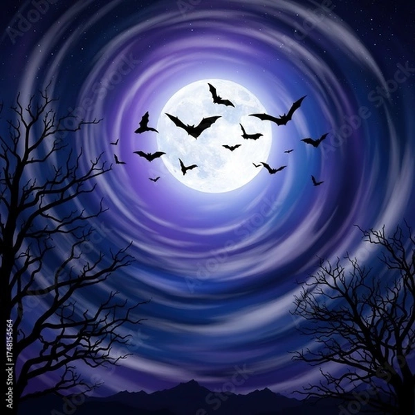 Fototapeta Flock of bats flying in front of a full moon at night no logo use