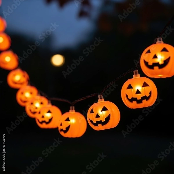 Fototapeta String of glowing jackolanterns at night for halloween no logo use