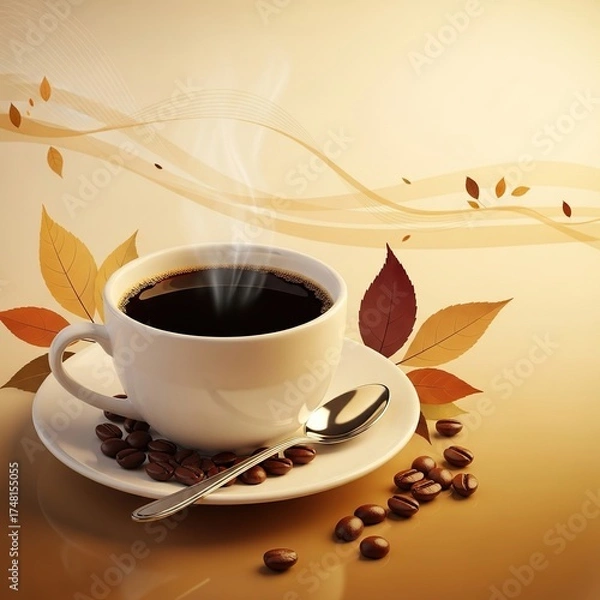 Fototapeta Steaming cup of coffee with coffee beans and autumn leaves no logo use