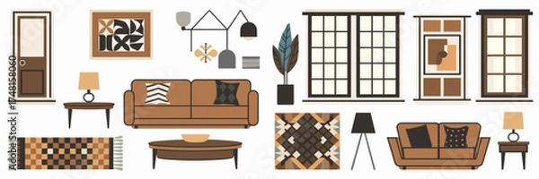 Fototapeta Modern room layout icon sheet with sofa, coffee table, lamp, plant, rug, and wall art – Ideal for interior design content, furniture branding, or home layout visuals