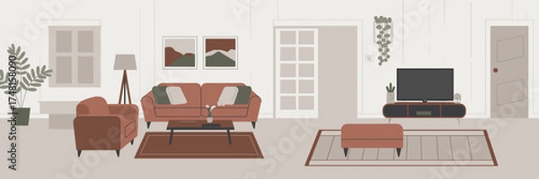 Fototapeta Flat vector of modern room layout with sofa, coffee table, plant, lamp, TV, and rug – Ideal for minimalist interior design, furniture branding, or architectural visuals
