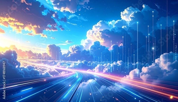 Fototapeta Digital road through clouds