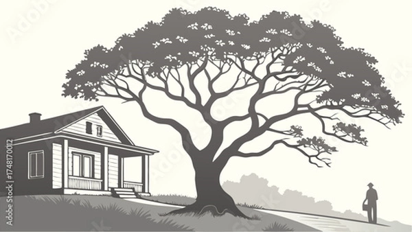 Fototapeta Rustic House Large Tree and Person Silhouette Peaceful Countryside Scene Illustration.