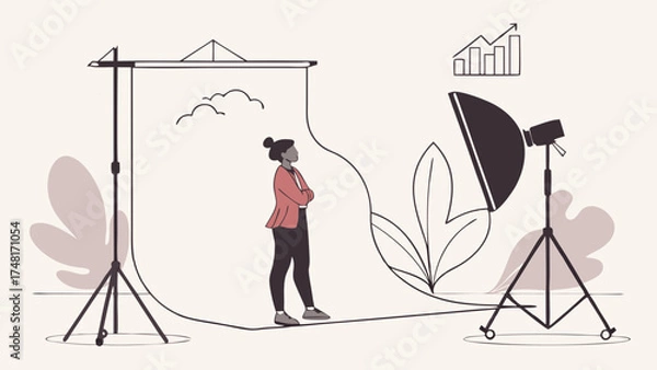 Fototapeta Studio Photography Session Person Posing Backdrop Lighting Equipment Modern Illustration Business Portrait Professional Photo Shoot Graphic Design Element.