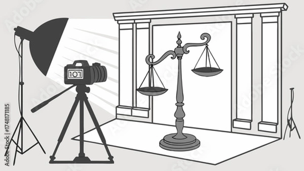 Fototapeta Studio Photography Setup with Scales of Justice Camera on Tripod Lighting Equipment Legal Concept Illustration.