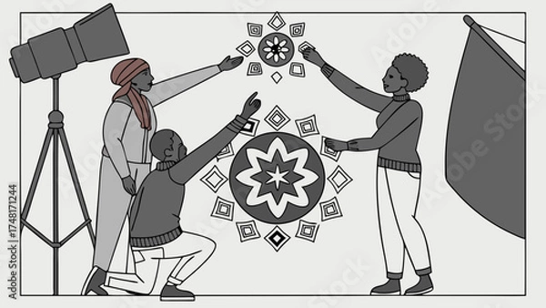 Fototapeta Studio Photography Team Creating Artistic Image Diverse Models Creative Process Behind the Scenes.