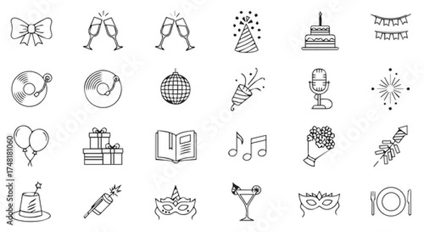 Fototapeta A collection of black and white icons representing party and celebration elements, isolated on transparent background