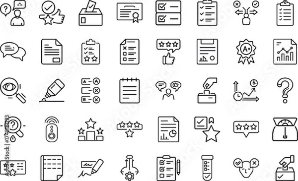 Fototapeta Survey And Questionnaire Elements icon set.  survey, questionnaire, feedback, review, report, opinion, exam, test, choice, quiz, document, checklist, form, rating, analysis  On White Background