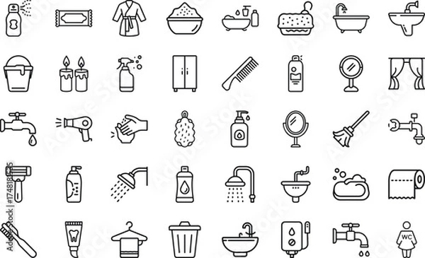 Fototapeta Bathroom Interior Elements icon set. With Shower washbasin, closet, shower, wc, plumbing, mirror, tap, trash, bath, hygiene, shampoo, towel, soap, clean, bubble, Vector Icon Set On White Background.