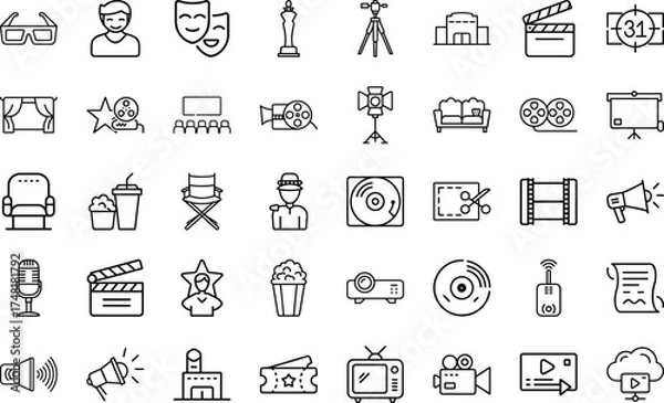 Fototapeta Cinema And Movie Entertainment Elements icon set. With Film Projector movie, film, video, tv, screen, projector, popcorn, seat, entertainment, drama, actor, studio, Vector Icon Set On White Background