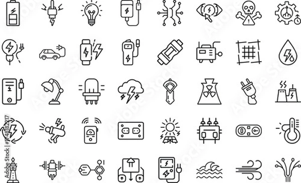 Fototapeta Electricity And Power Energy Illustration icon set. With Cable Plug electricity, power, energy, current, charge, wire, cable, voltage, light, spark, plug icon On White Background