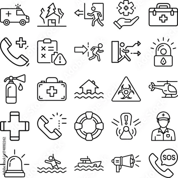 Fototapeta Emergency And Safety Assistance Concept icon set. emergency, ambulance, sos, call, help, rescue, aid, first, exit, fire, police, alert and more icon On White Background