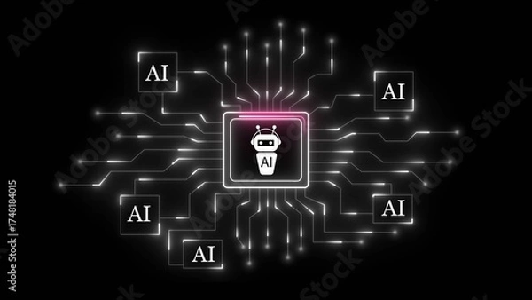 Fototapeta A central robot icon with ai text surrounded by interconnected circuits and ai text boxes on a black background