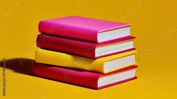 Fototapeta Stack of three books on a bright yellow background. the books are arranged in a horizontal manner, with the top book being the largest and the bottom two being the smallest.