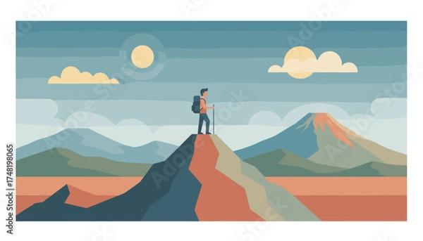 Obraz Hiker stands triumphantly on a mountain peak with a scenic volcanic landscape Adventure travel concept