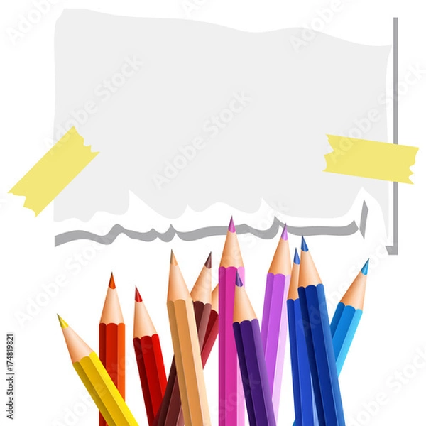 Fototapeta Paper template with many color pencils in background