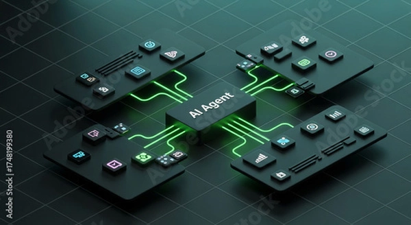 Obraz AI Agent Concept - Interconnected Modules with Glowing Green Pathways.