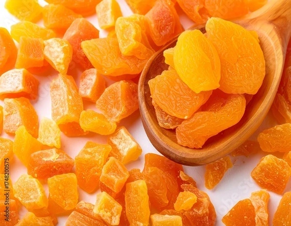 Fototapeta Dried apricot and mango pieces on a wooden spoon