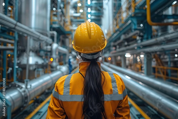 Fototapeta 大型プラント施設を点検する女性作業員の後ろ姿 製造業の安全と責任の象徴