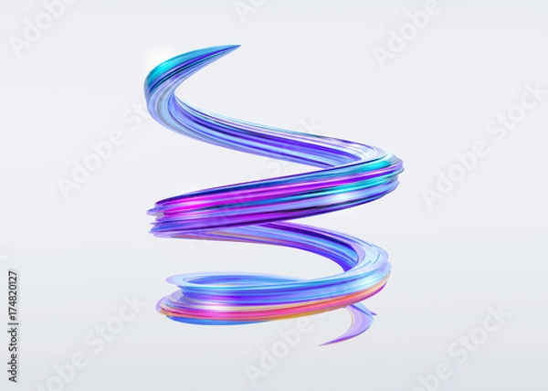 Fototapeta 3D Abstract Brush Stroke. Trendy Colorful Paint Splash. Glossy Candy Colors. Liquid Spiral Ribbon. Wave in Motion on Isolated Background. Pink, Blue, Purple Ink. Design for Wallpaper, Advertising.