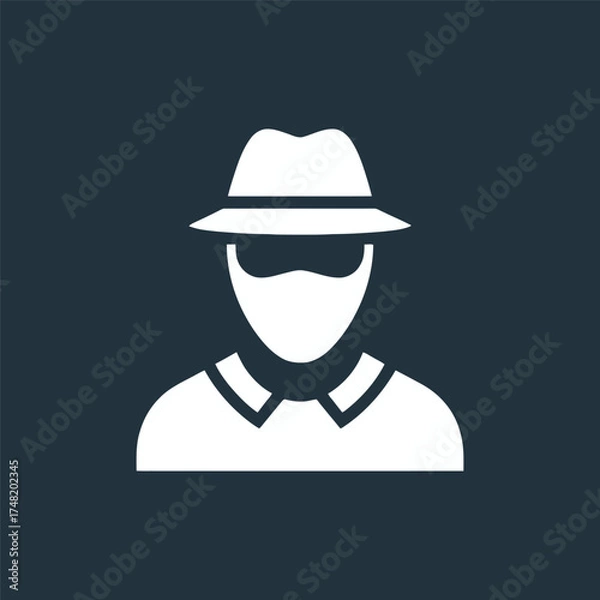Obraz White silhouette of a person wearing a fedora hat and a face mask on a dark blue background, symbolizing anonymity.