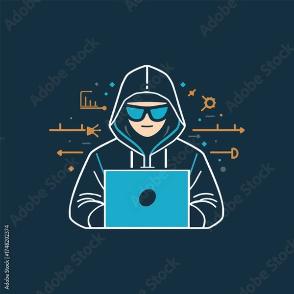 Obraz A stylized illustration of a person in a hoodie and sunglasses using a laptop, surrounded by abstract technological elements.