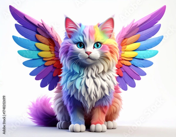 Fototapeta Whimsical Fluffy Rainbow Winged Cat Isolated